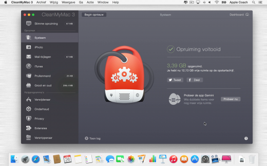 Na elke scan zie je hoeveel ruimte CleanMyMac 3 je bespaard heeft