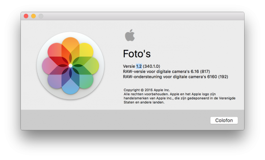 Controleer het versienummer van Foto's eenvoudig in de app (hier de testversie van 1.2)