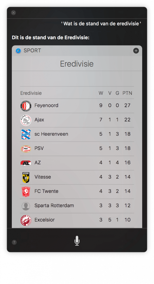 Bekijk de resultaten van je favoriete sport competitie met Siri