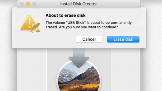 Install Disk Creator waarschuwt je ook nog een keer: de installatie-schijf wordt volledig gewist