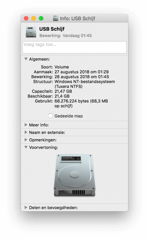 Wanneer je Tuxera gebruikt zal de NTFS-geformatteerde schijf dit vermelden