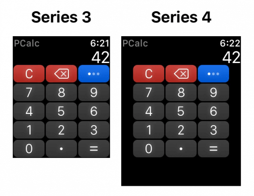 Op de Apple Watch Series 4 presenteert rekenmachine-app PCalc dezelfde informatie, maar nu duidelijker — met meer ruimte voor de knoppen waar nog wat extra marge tussen kan.